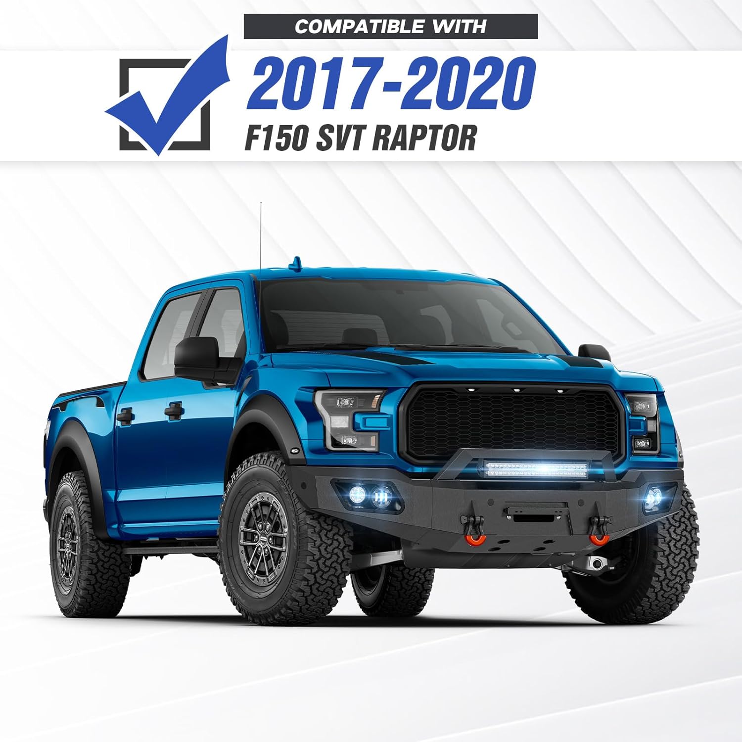 for F150 SVT Raptor Front Bumper Compatible with 2017 2018 2019 2020 F-150 F 150 SVT Raptor with Winch Plate, Skid Plate, 5 x LED Lights, Sensor Holes, License Plate Frame & D-rings, Black