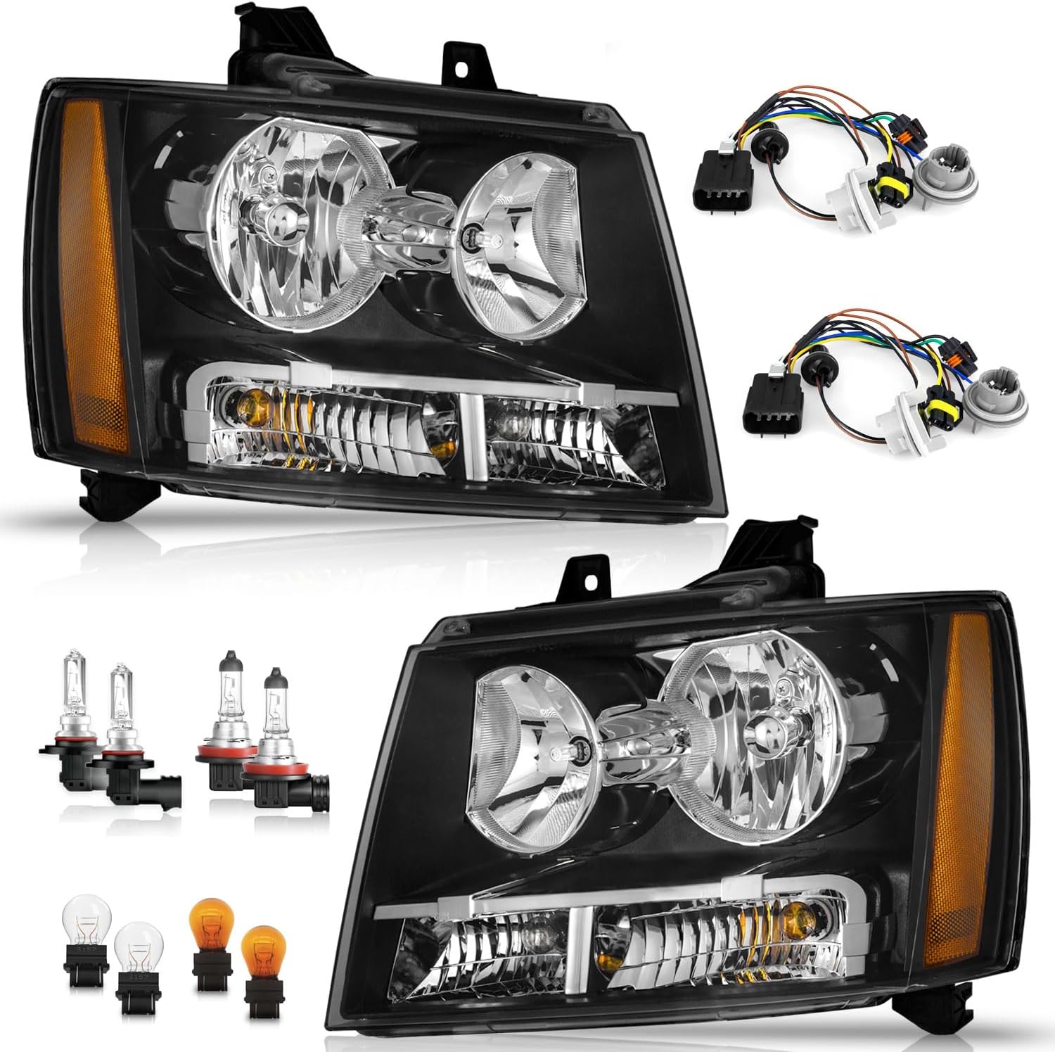 Headlight for 07-13 Avalancha/Suburban 2500,07-14 Tahoe 1500,08-13 Tahoe Hybrid,12-14 Tahoe SSV Headlamp Black Housing Clear Left+Right Side