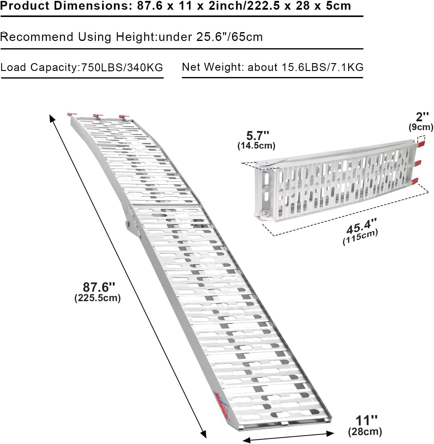 7.5'L Loading Ramp with 750 LBS Capacity, Foldable Aluminum Ramp for ATV/Motorcycles/Trucks (1 Piece, Silver)