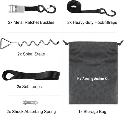 RV Awning Tie Down Kit for Wind WanDwel Heavy Duty Camper Anchors Canopy Support Parts & Accessories,13ft Ratchet Straps Upgrade Springs