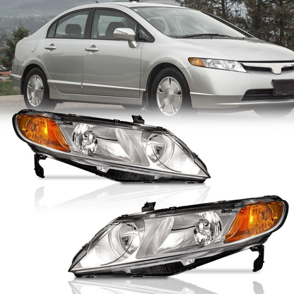Headlight Pair for 2006-2011 Honda Civic 4-Door - Black/Chrome Housing, Amber Reflector, Left & Right Side Replacement - OMOTOR