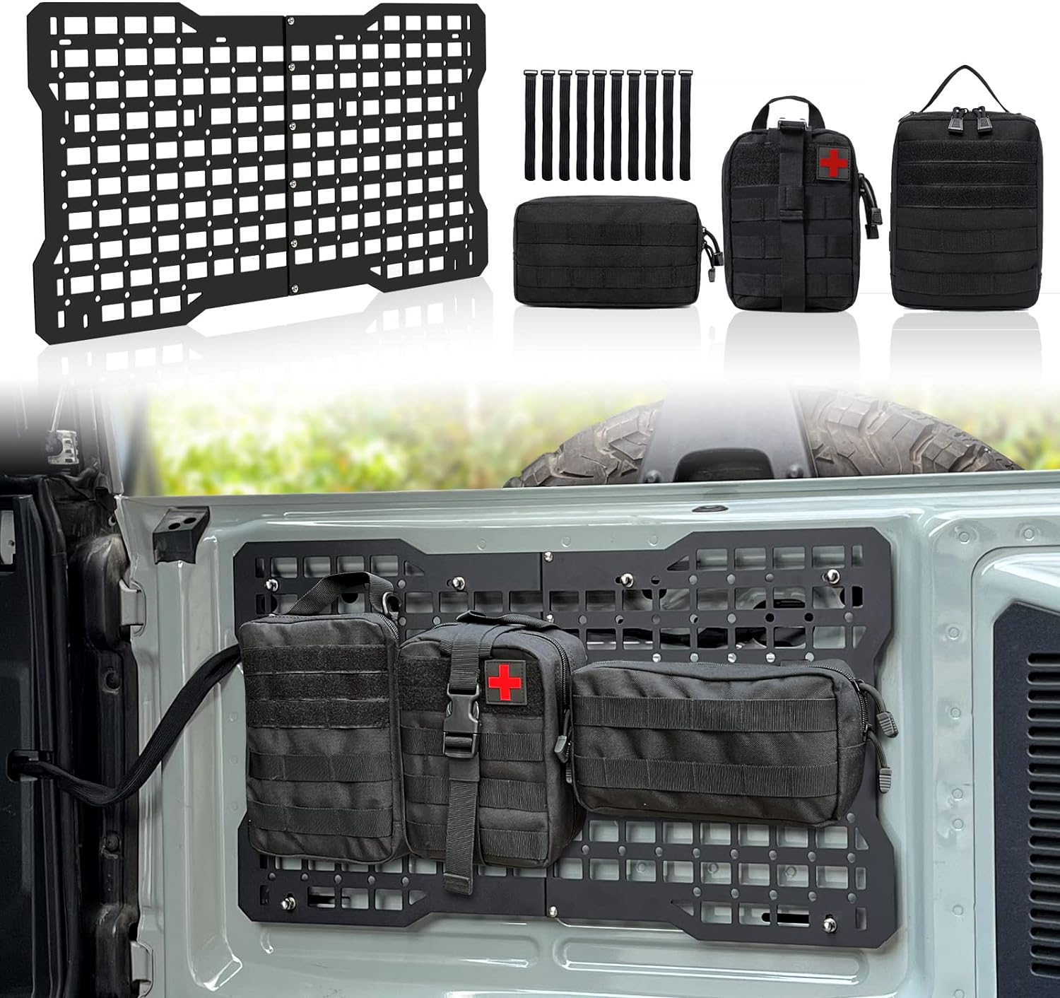 Steel Tailgate Storage Panel Tailgate Molle Panel with 3 Storage Bags for Ford Bronco 2021-2026 2/4 Doors