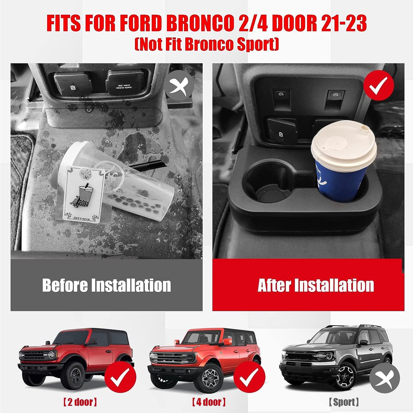 Removable Rear Dual Cup Holder for Ford Bronco 2021 2022 2023 2/4 Door Bronco Accessories（Not for Bronco Sport