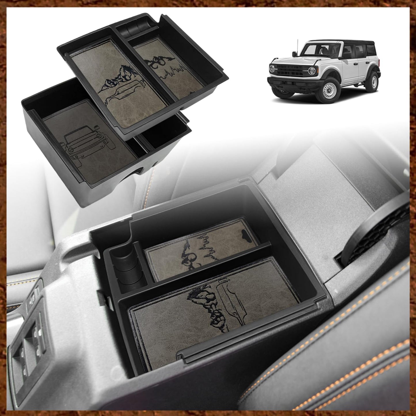 TripleAliners Center Console Organizer Compatible with 2021-2024 Ford Bronco(no for Sport) Accessories 6th Gen Bronco 2/4-Door Center Console Storage Box ABS Material with Leather Trim(V2_Brown)