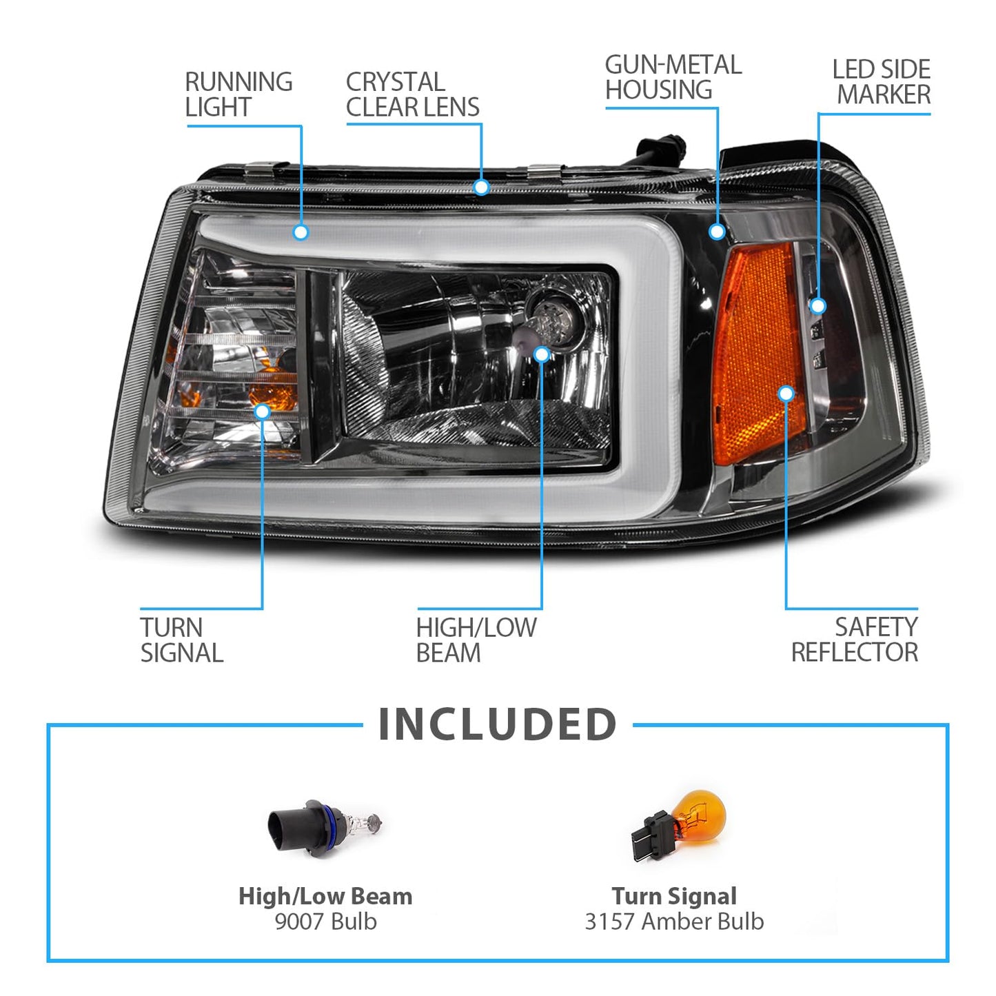 2Pcs LED Tube Black Replacement Headlights Corner Lamp Set for Ford Ranger 2001-2011