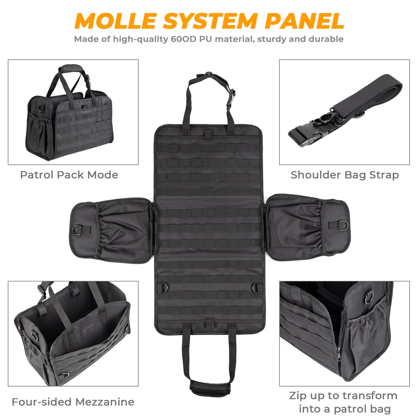 Universal Tactical Car Seat Back Organizer Patrol Bag Tactical Molle Vehicle Organizers with 5 Detachable Molle Pouches Multi-function Designed