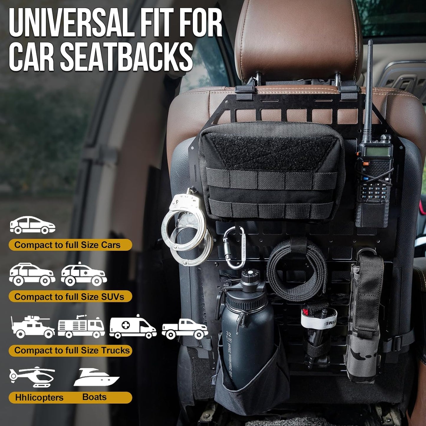 OneTigris Molle Seat Back Organizer, Tactical Rigid MOLLE Car Panel, Fiberglass Universal Car Seat Cover Back Seat Organizer for Vehicles Trucks Cars Mount Rack for Modular Storage & Display