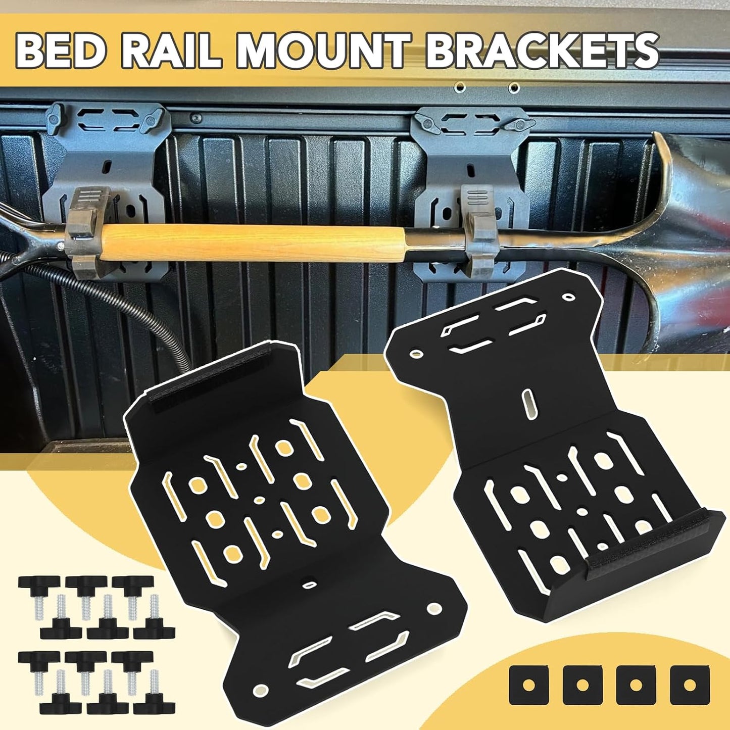 Bed Rail Mount Brackets Compatible with Tacoma Bed Rail Module Systems for Shovels, Axes, Recovery Plates, Fuel Tanks