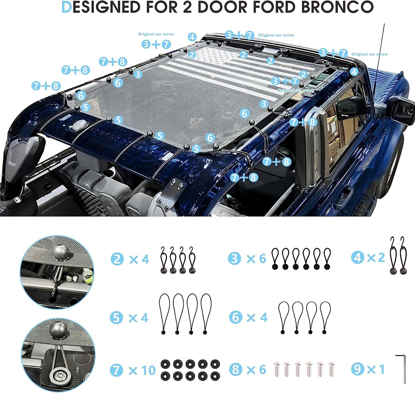 2 Door Sunshade for Ford Bronco,Mesh Sun Shade Bikini Top Cover Bimini Top for Ford Bronco Accessories 2021 2022 2023 2 Door - Blocks UV, Wind, Noise(Flag)