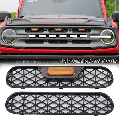 Front Grill Inserts with Amber Light for 2021 2022 2023 2024 Ford Bronco Big Bend Outer Banks 2/4 Door Mesh Grille Inserts Frame Trim Covers