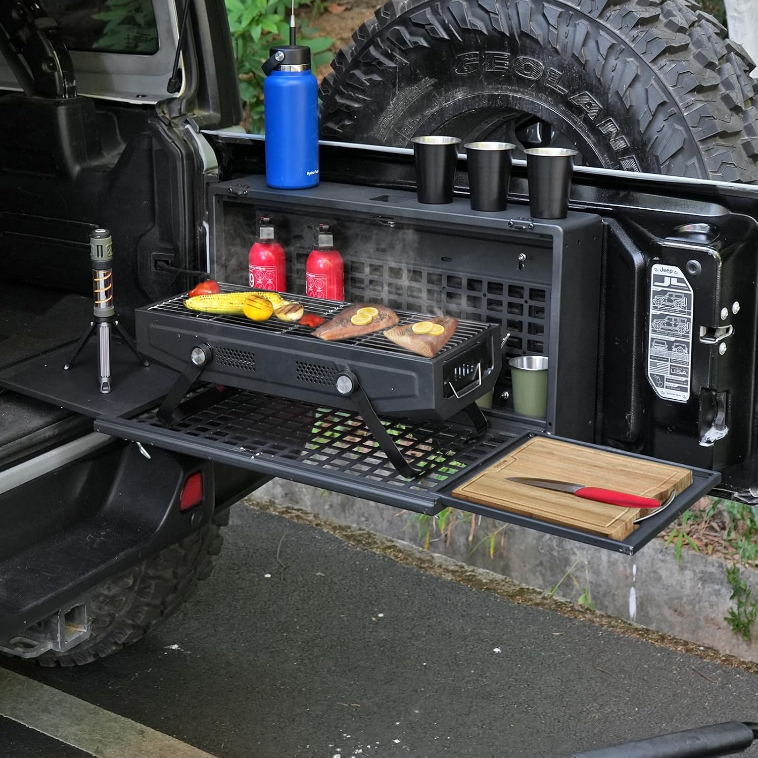 MAIKER Tailgate Table Storage Lock Box Compatible with Jeep Wrangler JK JKU JL JLU 4 Door, Multi-Functional Rear Foldable Table Cargo Shelf Storage Molle Panel Camping Desk