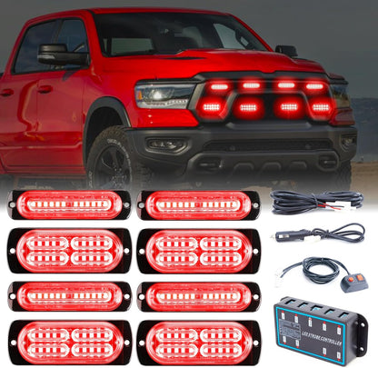 8pcs Sync Feature Emergency Strobe Grille Lights LED Ultra Slim Surface Mount Flashing Hazard Warning Light Bar with Controller for Firefighter/Construction/Trucks/Vehicles/Car - OMOTOR