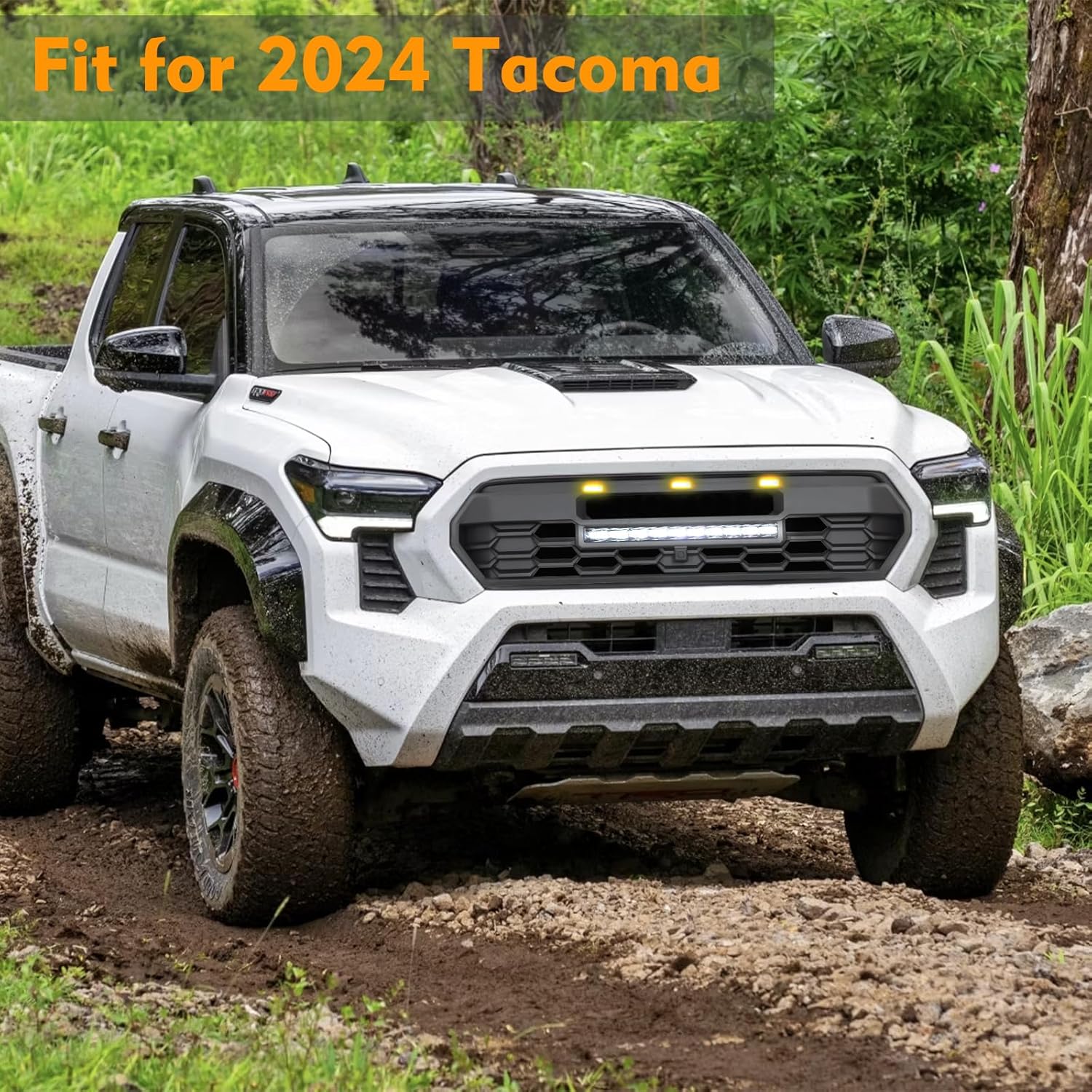 2024 Tacoma Grill Front Hollow Grill Compatible with 2024 2025 Tacoma, ABS grille with high-mount amber LED accent lights and LED Light （Glossy Black Style）