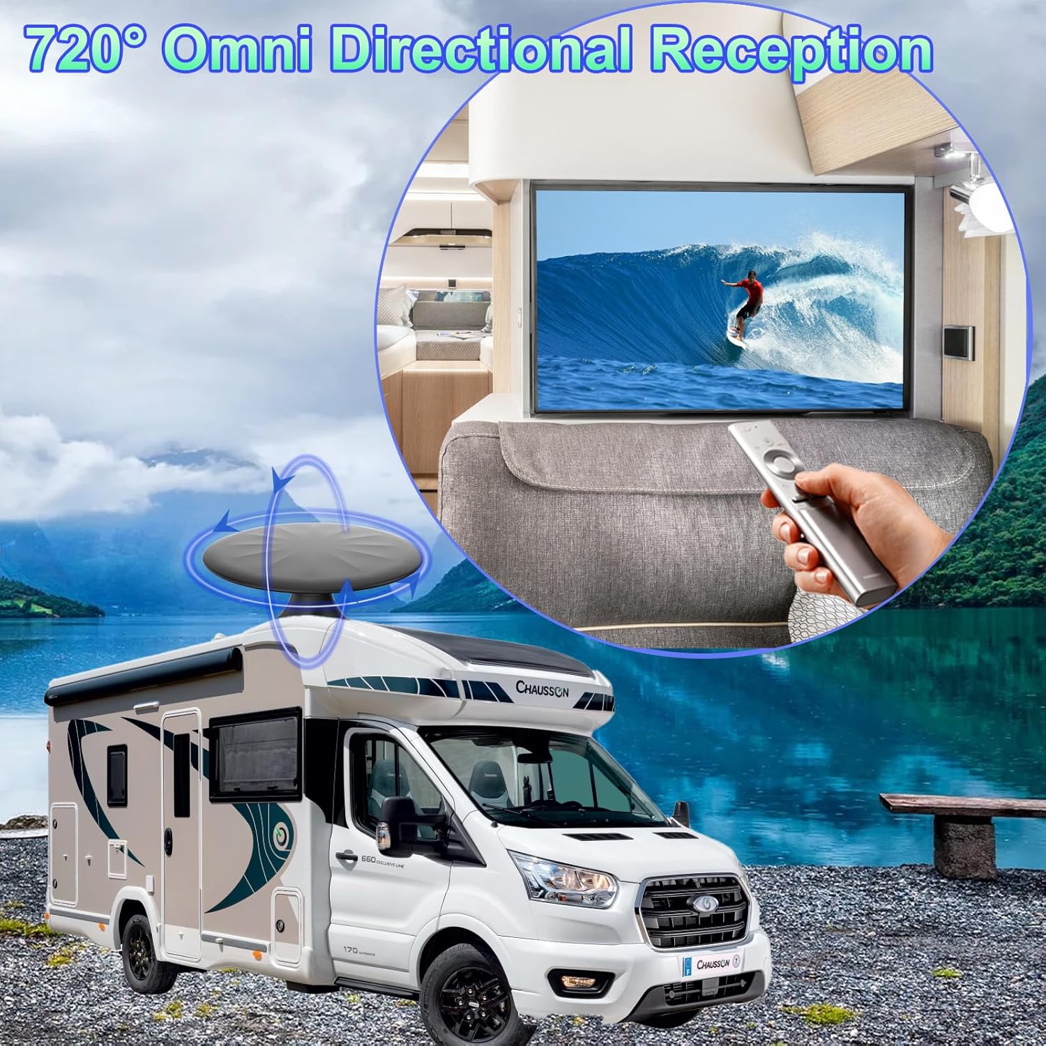 RV Antenna for Camper, RV TV Antennas Roof Mounted, 720° Long Range Omni Directional Reception Digital HD Antenna Signal, with Super Signal Booster, 35ft HDTV Cable. (Black)