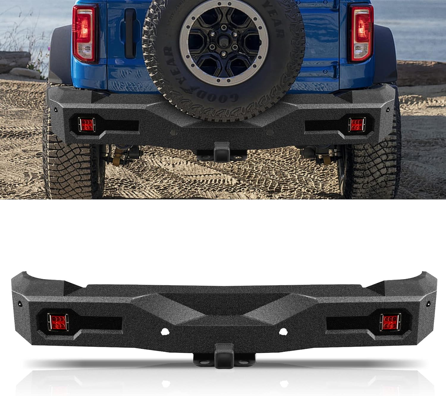 Off Road Rear Bumper Fit for Ford Bronco 2021 2022 2023 2024 2025, Heavy-duty Steel Bumper with 2 Red Lights, Hitch Receiver, Sensor Holes Not for Bronco Sport