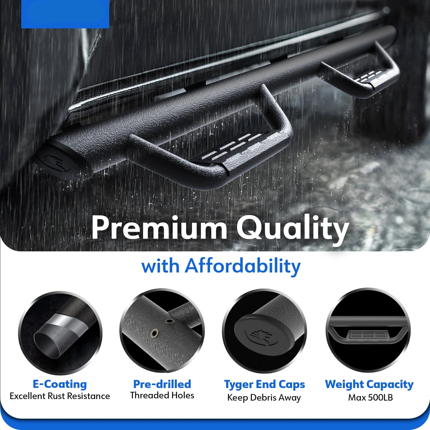 Textured Black Running Boards Compatible with 2024-2026 Toyota Tacoma (Fits Hybrid) | Double Cab