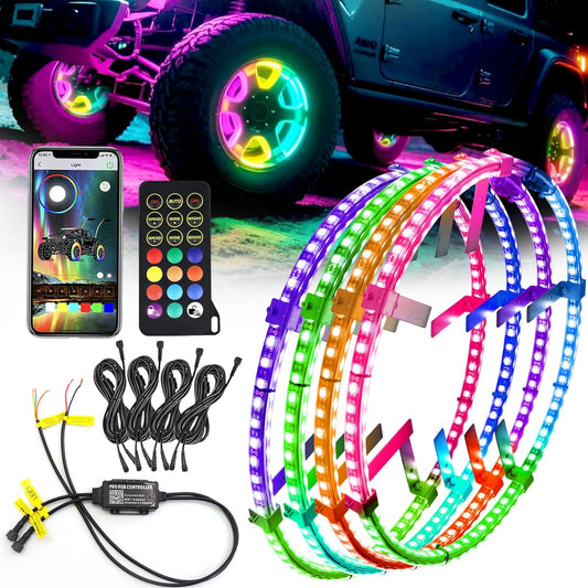 Tavaray 4PCS 15.5" Double Sided RGB LED Wheel Ring Lights with APP & Remote Control, 178+DIY Dynamic Modes w/Turn Signal Braking and Reverse Function Wheel Lights for Trucks Pickups Cars Offroad