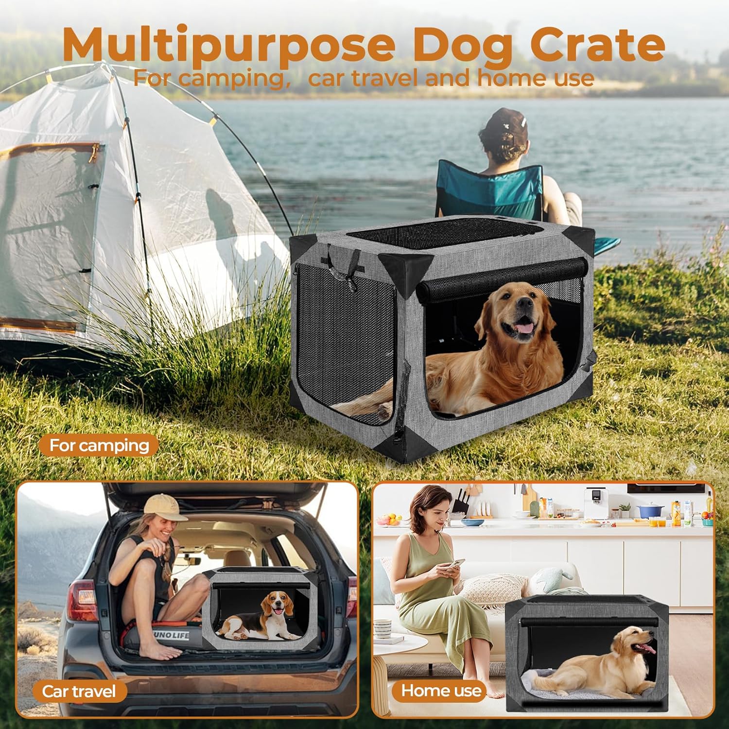 Dog Crate, Collapsible Soft Travel Crate for Large Dogs (3 Year Warranty), Indoor & Outdoor Portable Pet Kennel with Chew-Proof Mesh Window (Dark Gray, 36" L x 25" W x 25" H) ﻿