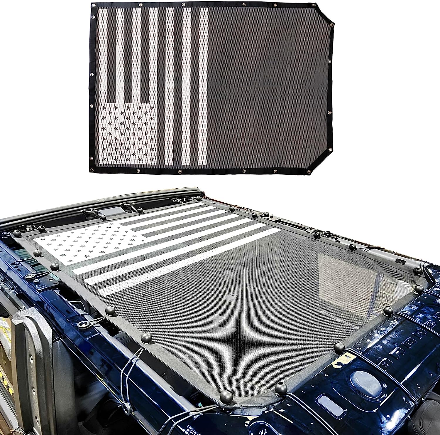 Mesh Sun Shade Bikini Top Cover Bimini Top for Ford Bronco 2021 - 2023 2 Door - Blocks UV, Wind, Noise(Flag)