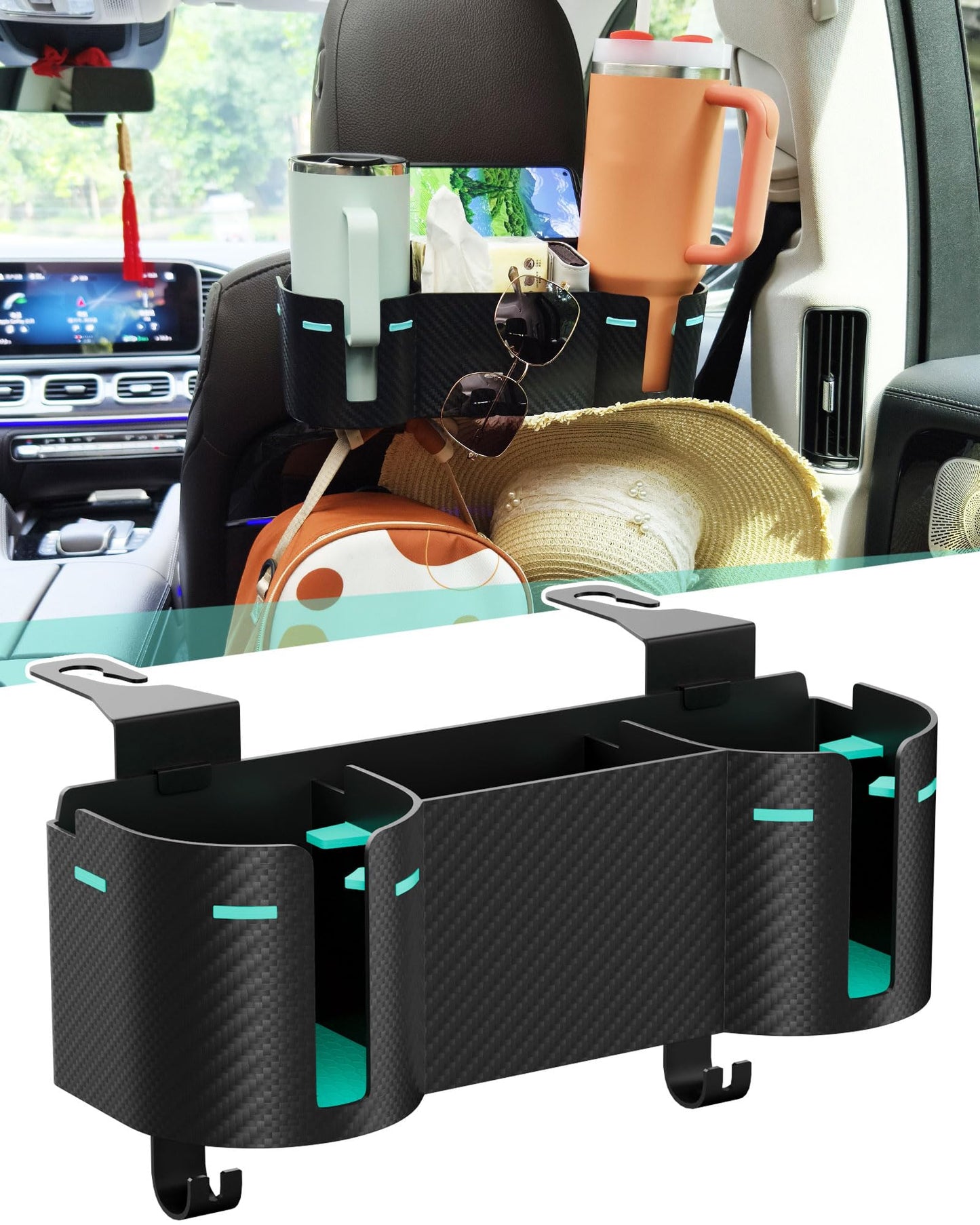 Car Headrest Backseat Cup Holder with Hooks, Multifunctional Organizer