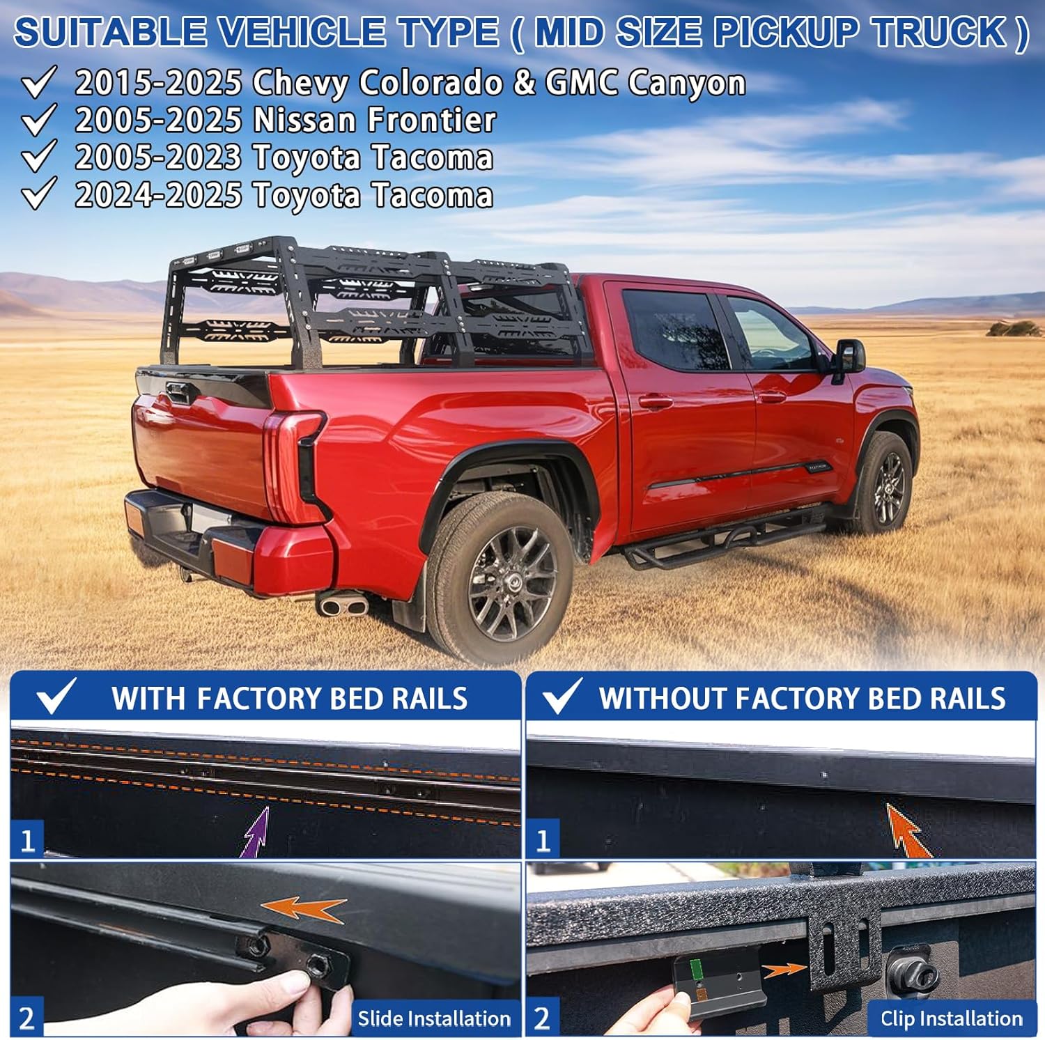 Bed Rack for Mid-Size Truck Compatible with Tacoma/Canyon/Colorado/Frontier Without Tonneau Bed Cover. Overland Bed Rack Truck Bed Racks.