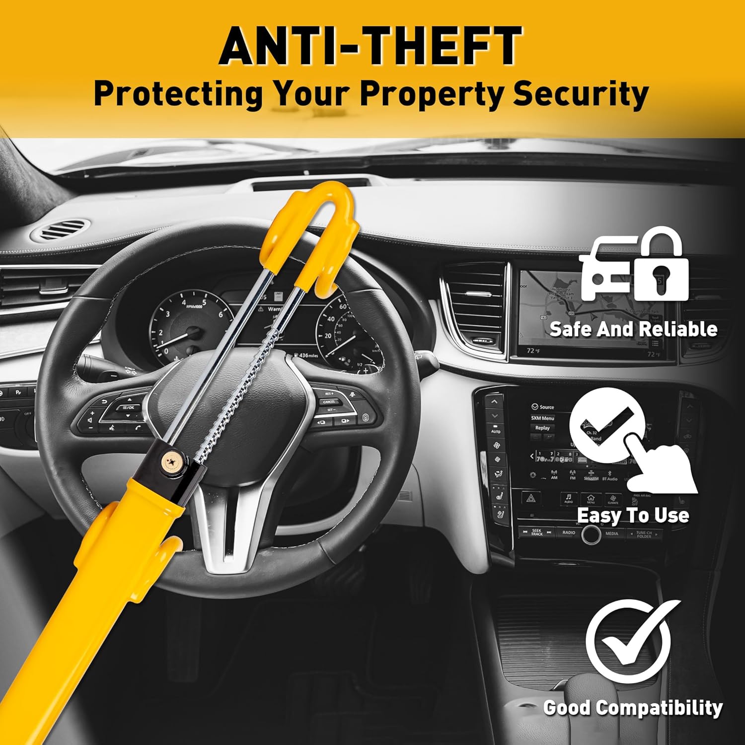 CARTMAN Heavy Duty Steering Wheel Lock Anti-Theft Car Device Security Car Lock Great Deterrent Adjustable Antitheft Locking Devices for Cars Trucks Vans and SUVs with 3 Keys