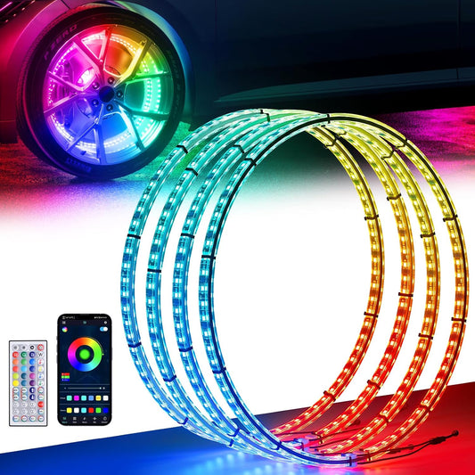 15.5" Double Row Wheel Lights, Brighter RGB Dream Chasing LED Rim Lights with App & Remote Control, Music Wheel Ring Light with Turn & Braking Signal Compatible with Various Trucks SUV Car（4PCS）