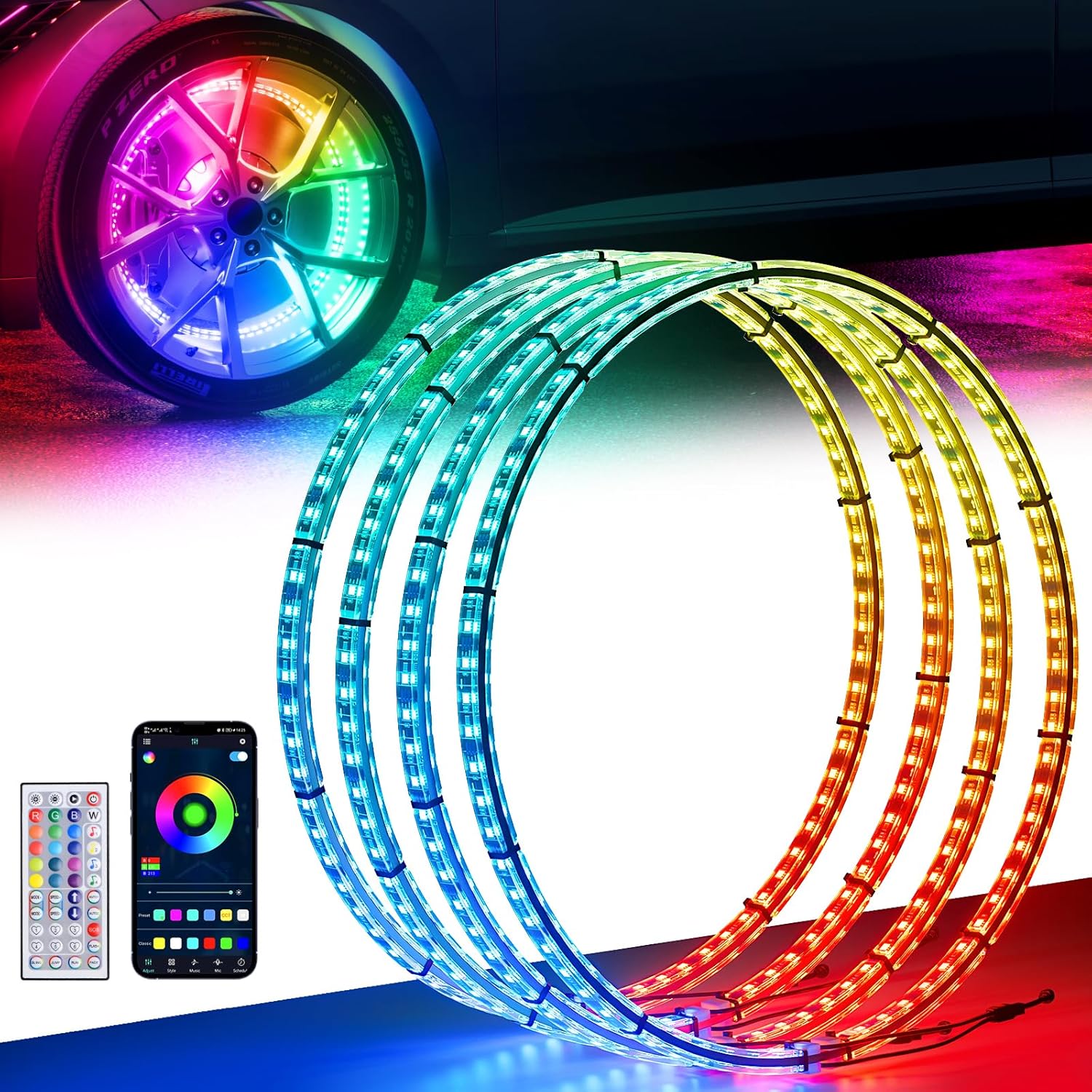 15.5" Double Row Wheel Lights, Brighter RGB Dream Chasing LED Rim Lights with App & Remote Control, Music Wheel Ring Light with Turn & Braking Signal Compatible with Various Trucks SUV Car（4PCS）