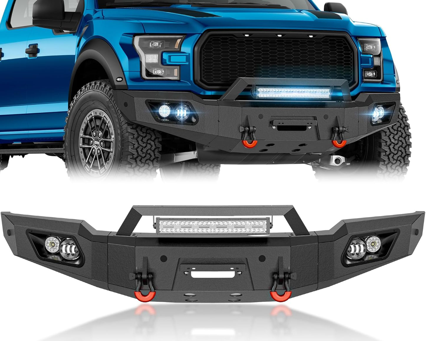 for F150 SVT Raptor Front Bumper Compatible with 2017 2018 2019 2020 F-150 F 150 SVT Raptor with Winch Plate, Skid Plate, 5 x LED Lights, Sensor Holes, License Plate Frame & D-rings, Black