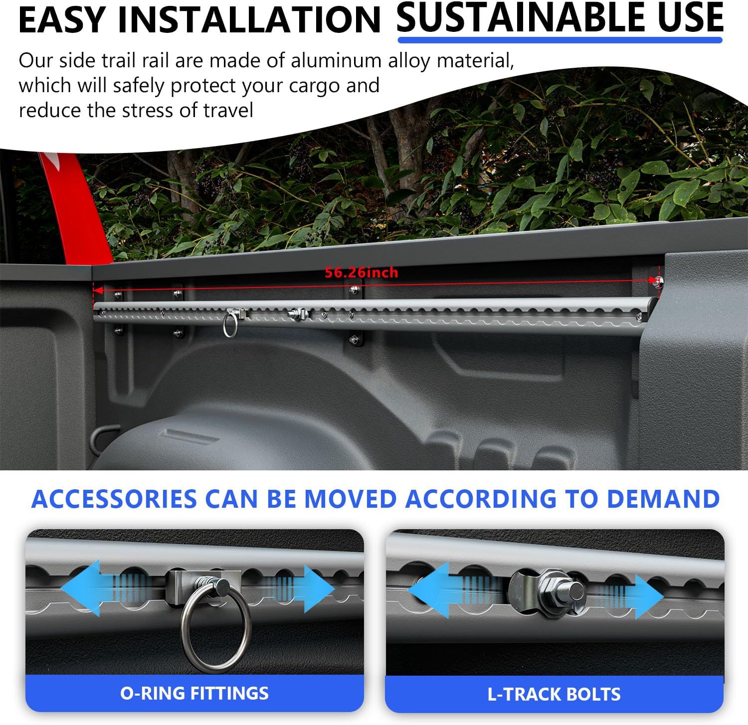 5.7FT Side Bed Rail Compatible with 2019-2025 Dodge Ram 1500 Tie Down Rail Trail Rail System Replacement for 2019-2025 Dodge Ram 1500 Accessories (Side Trail Rail)