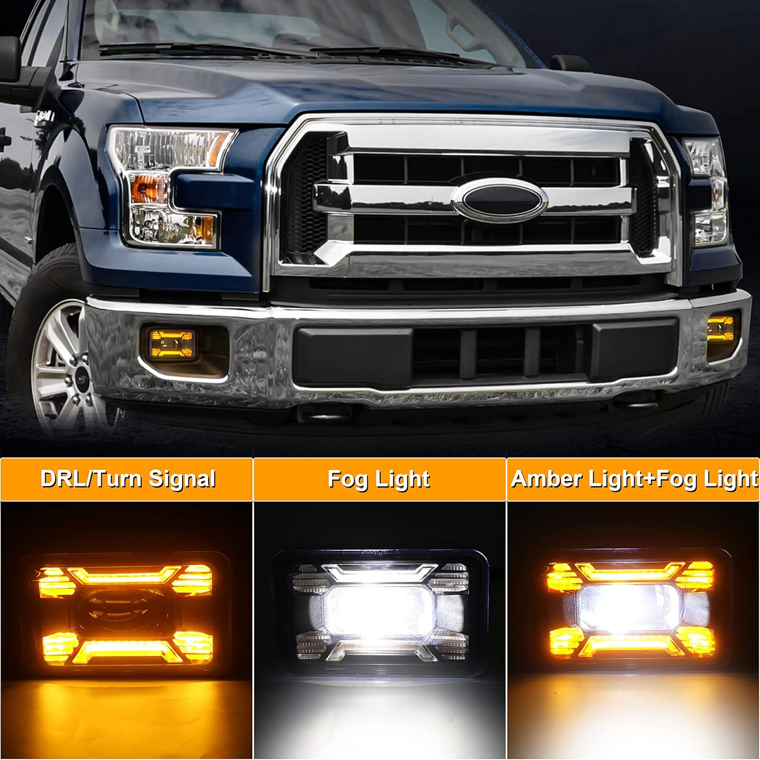 LED Fog Lights F150 Fog Lights with Amber DRL/Turn Signal Rectangular Fog Lights Assembly kit Compatible with Ford F150 2015-2020 Super Duty 2017-2018 1Pair