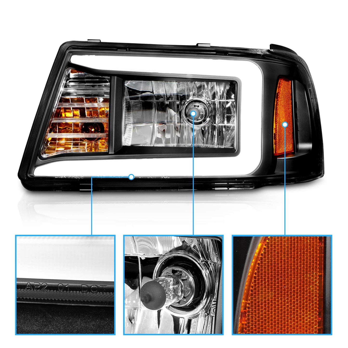 2Pcs LED Tube Black Replacement Headlights Corner Lamp Set for Ford Ranger 2001-2011