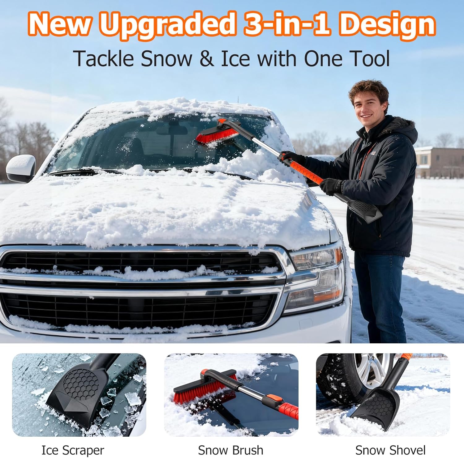 [2025 Upgrade Extendable Car Snow Brush and Ice Scraper [3-in-1] Clean Snow, Ice and Frost, 45''Adjustable Length with 360° Rotating Brush Head, Suitable for All Cars-Medium