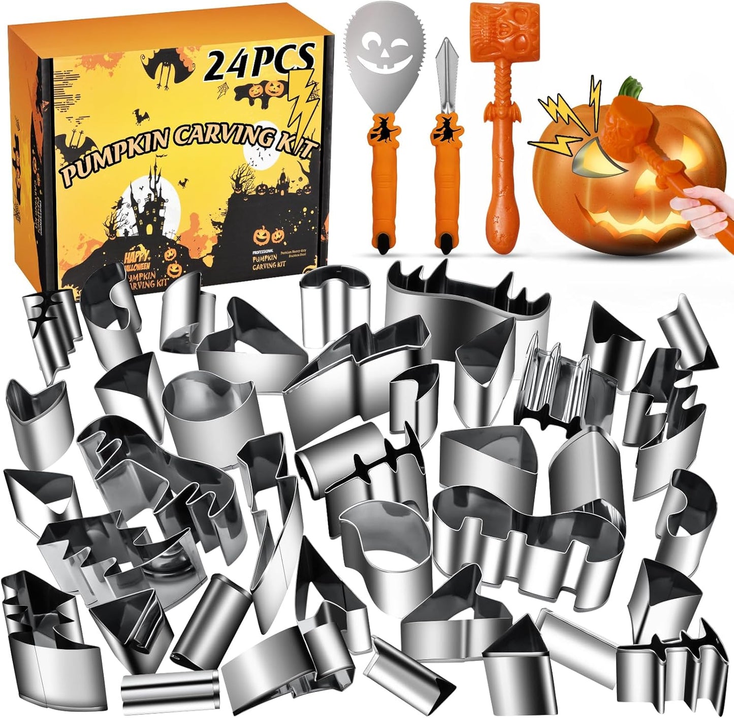 Pumpkin Carving Kit Halloween, Safe and Easy Set for Kids, DIY Stainless Steel Tools Halloween Decoration Jack-O-Lanterns, Gift Halloween(24 Pieces)