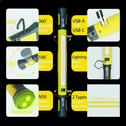 Magnetic Work Light - 3000LM Rechargeable LED Work Light Bar, 5200mAh Under Hood Mechanic Light for Garage, Workshop, Vehicle Inspection