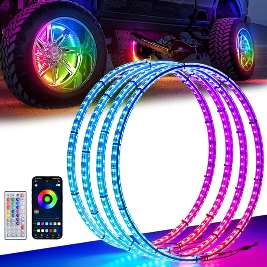 17" Double Row Wheel Lights, Brighter RGB Dream Chasing LED Rim Lights with App & Remote Control, Music Wheel Ring Light with Turn & Braking Signal Compatible with Various Trucks SUV Car（4PCS）