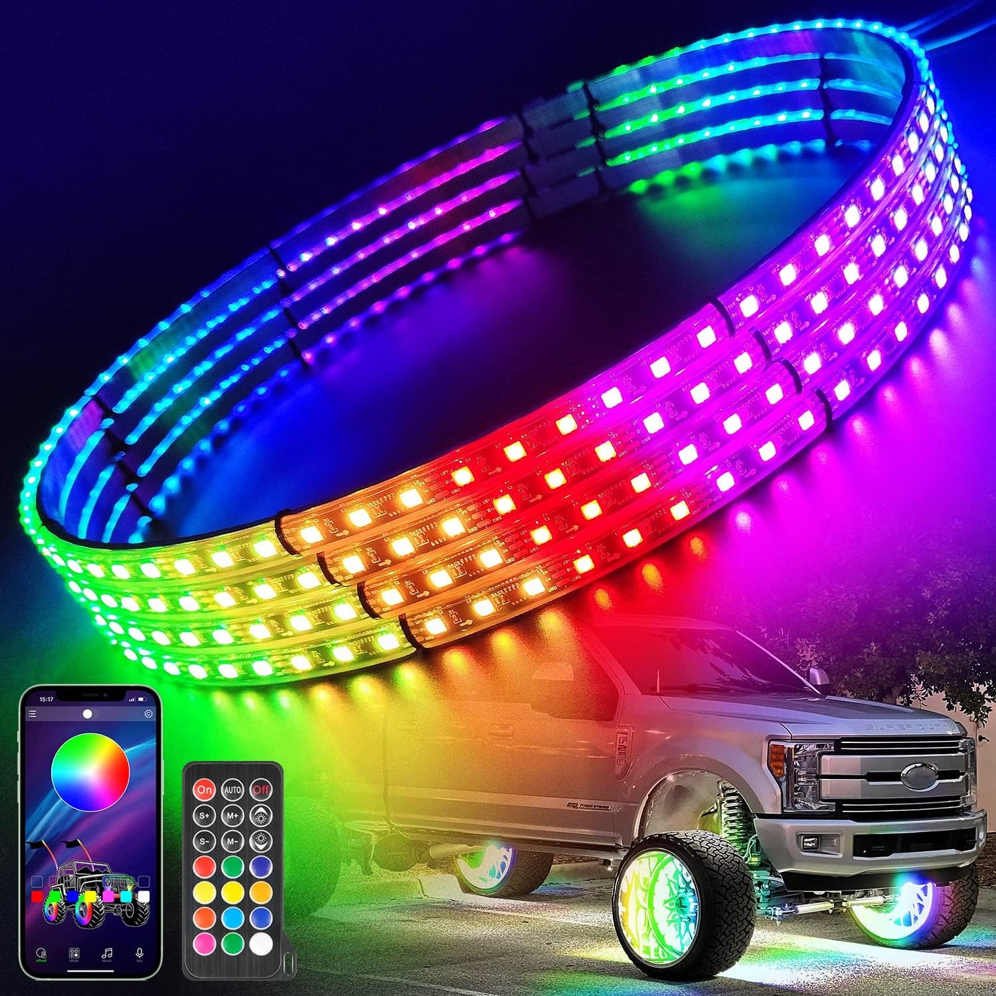 【EASY INSTALL】4PCS 15.5 INCH Chasing RGB LED Wheel Rim Light Kit