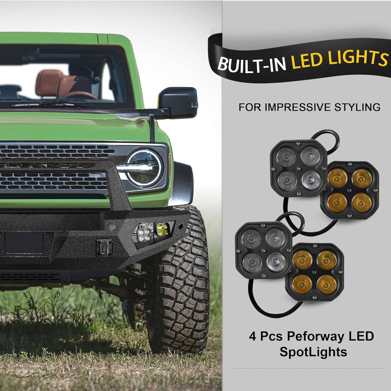 Off Road Front Bumper Fit for Ford Bronco 2021 2022 2023 2024 2025, Heavy Duty Steel Bumper Fit for Bronco 2/4 door W/Winch Plate, 4 x Lights, Sensor Holes, Shackle Mounts