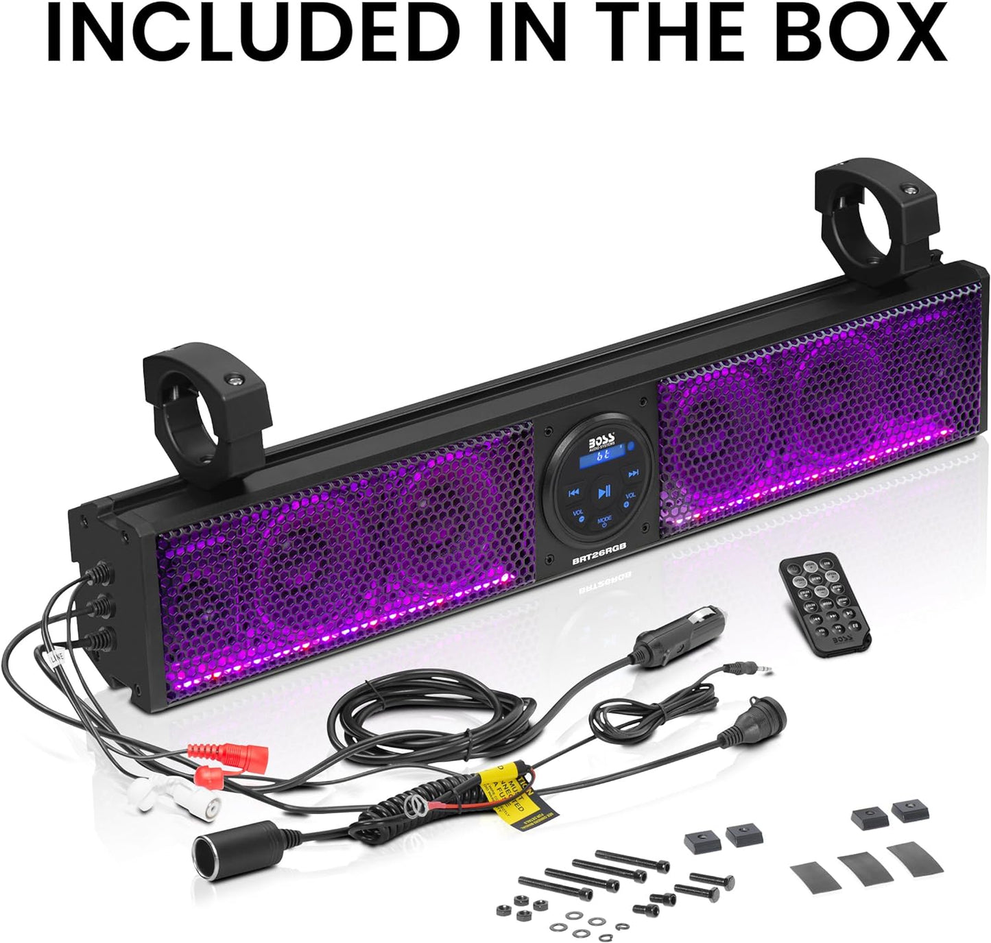 ATV UTV Sound Bar - 26 Inches Wide, 4 inch Speakers, 1 Inch Tweeters, IPX5 Weatherproof, Bluetooth, Built-in Amplifier, Multicolor Illumination, Golf Cart Compatible