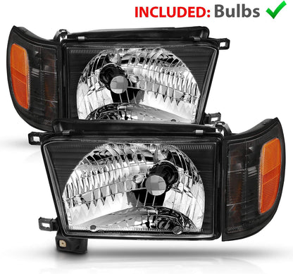 AmeriLite Replacement Halogen Headlights With Corner Lamp + Bracket For 1996-1998 Toyota 4Runner SUV N180 - Passenger and Driver Side, Vehicle Light Assembly, Black