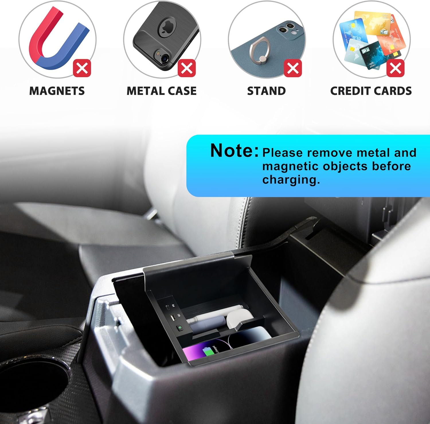 Wireless Charger for Toyota 4runner 2010-2024, Center Console Organizer Tray USB-A USB-C Fast Wireless Charging Pad Armrest Storage Box for Toyota 4runner 5th Gen SR5 TRD Accessories