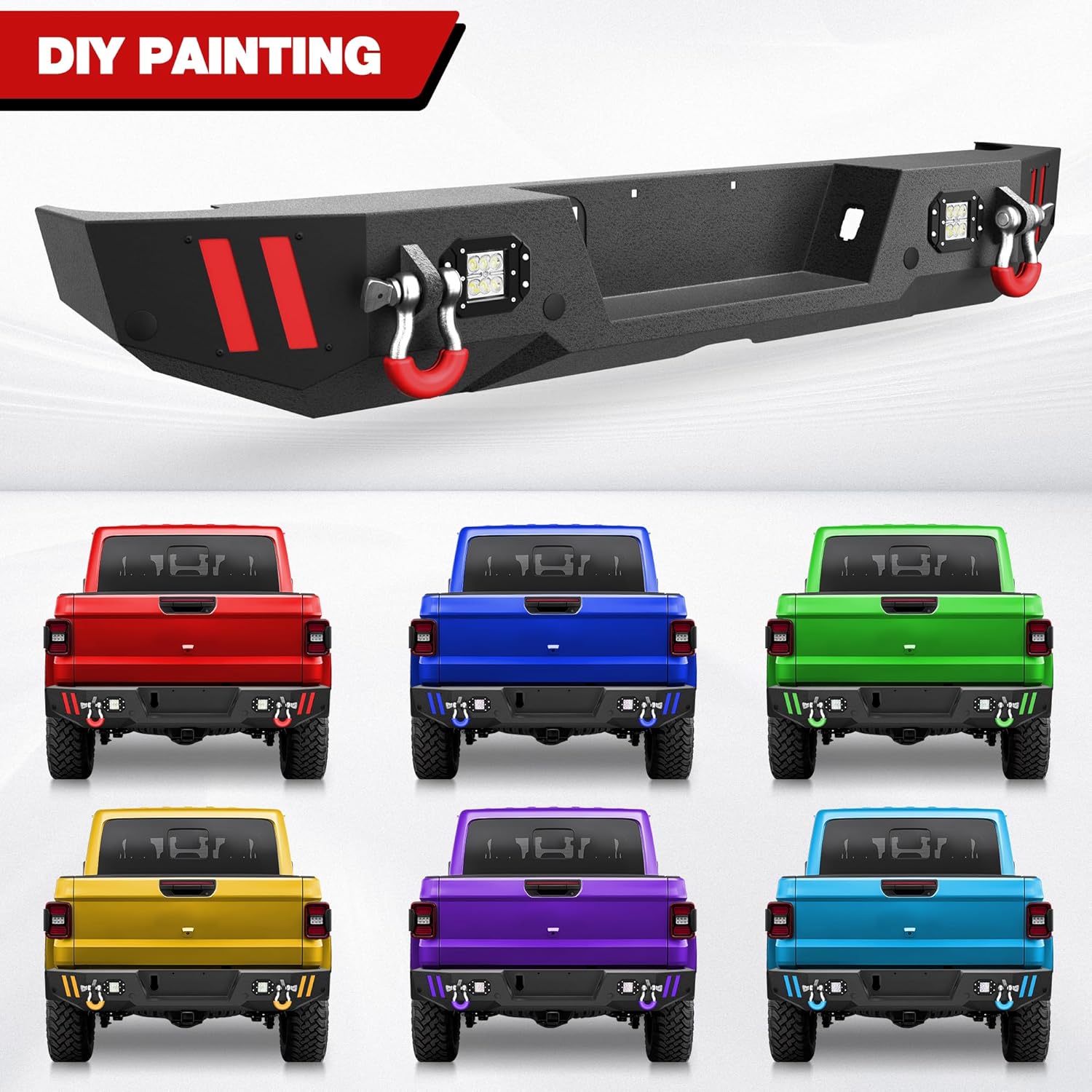 Rear Bumper Compatible with Jeep Gladiator JT 2020 2021 2022 2023 2024 2025, Textured Black Pickup Truck Bumper for 2020-2025 Gladiator JT, with Step Plate, Lights, Sensor Holes and D-rings
