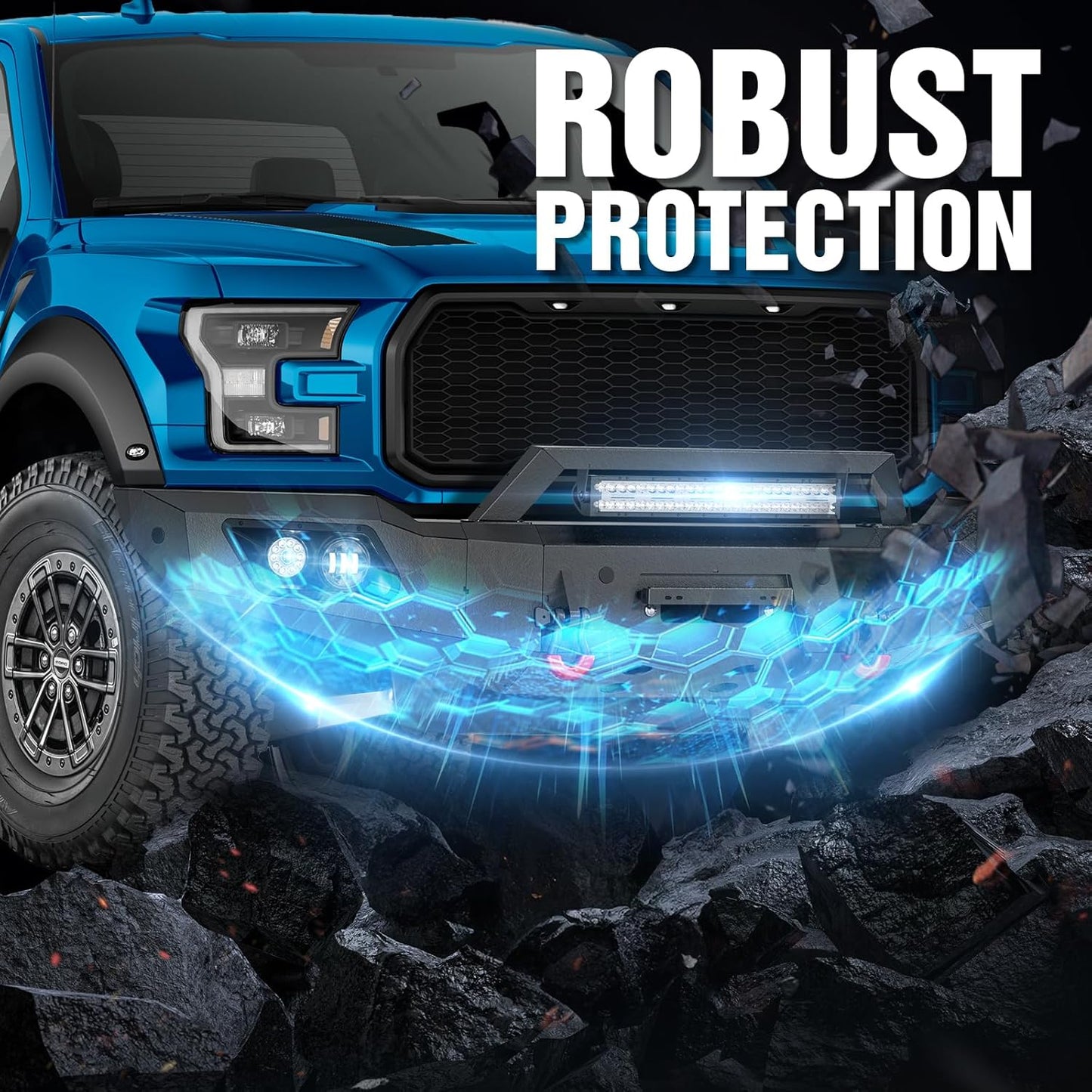 for F150 SVT Raptor Front Bumper Compatible with 2017 2018 2019 2020 F-150 F 150 SVT Raptor with Winch Plate, Skid Plate, 5 x LED Lights, Sensor Holes, License Plate Frame & D-rings, Black