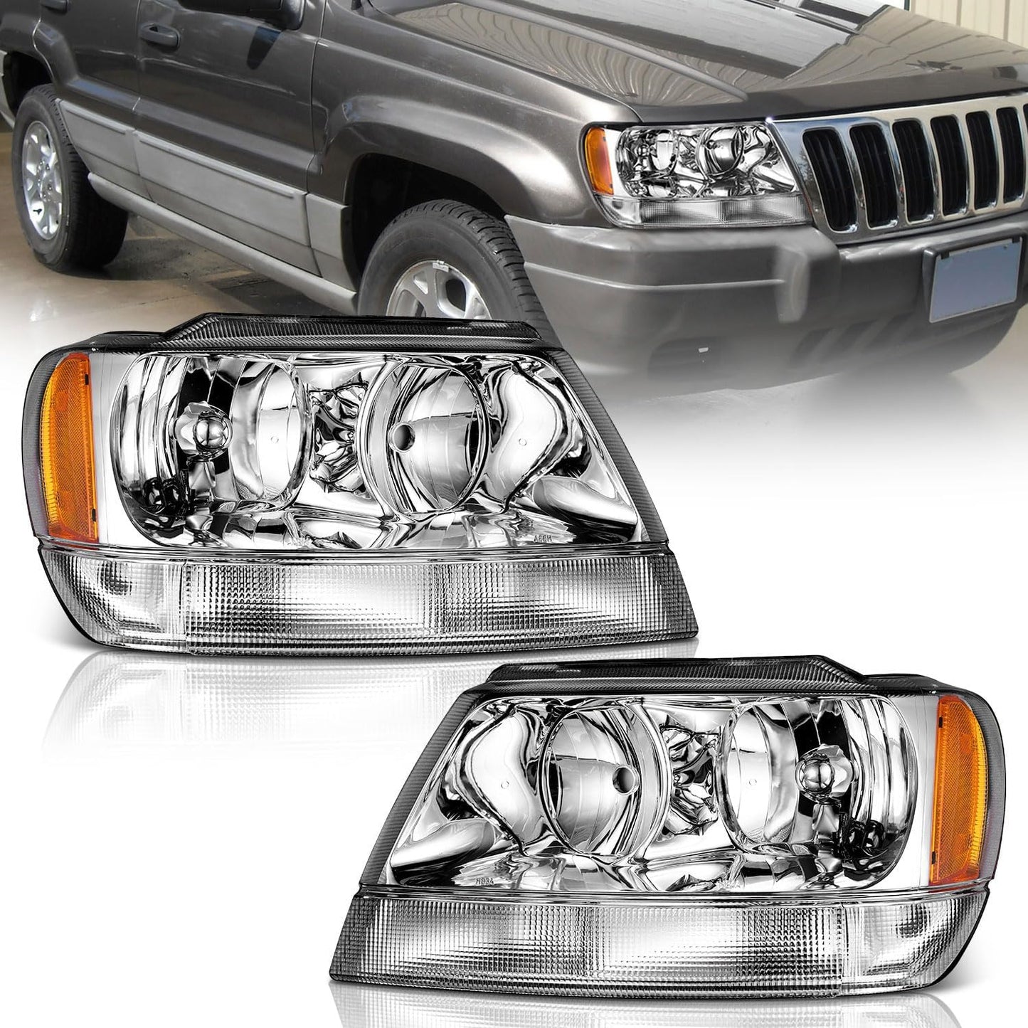 Headlights Assembly Compatible with 1999-2004 Jeep Grand Cherokee,Halogen Headlight Assembly Headlamp Replacement For 99 00 01 02 03 04 Jeep Grand Cherokee Housing+Amber Reflector