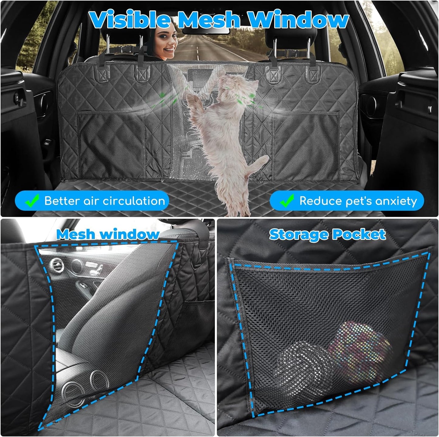 Back Seat Extender for Dogs, Dog Car Seat Cover with Hard Bottom Dog Car Seat Bed Waterproof Dog Hammock for Car Pet Backseat Protector with Mesh Window and Storage Pocket for Car, SUV