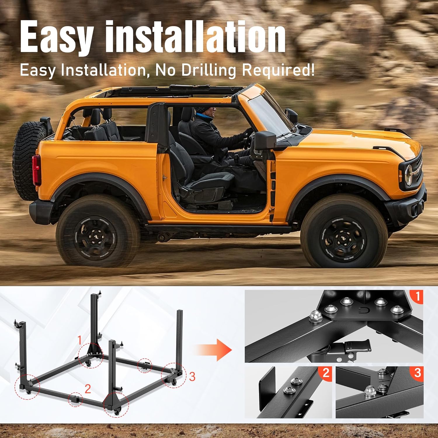 Door Storage Hangers Rack Bracket Holder Cart Compatible with 2021 2022 2023 2024 2025 Ford Bronco Movable Stand Sliding for 2/4 Door (Black)
