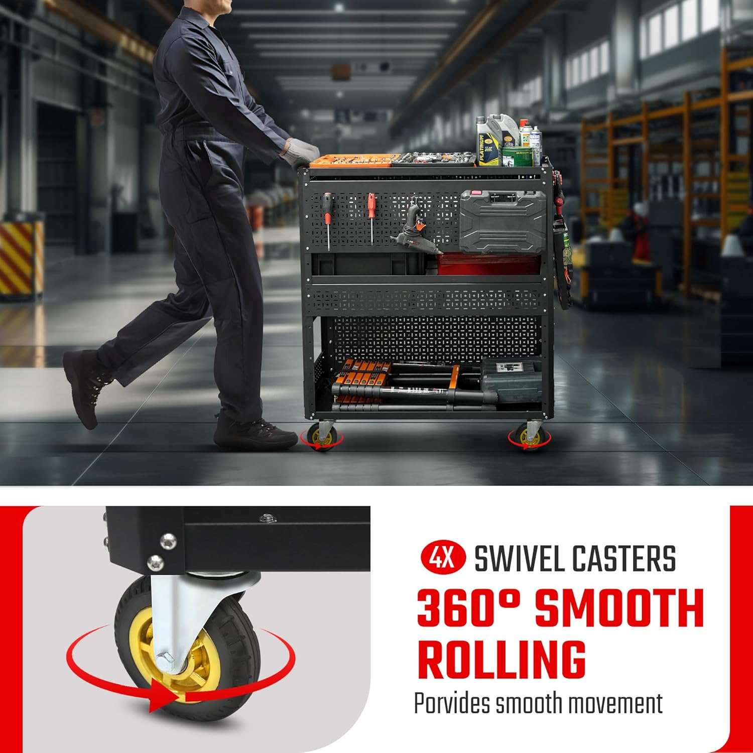 3-Tier DIY Detachable Utility Cart Storage Tool Cart with Steel Pegboard, Foldable Rolling Tool Cart with Wheels for Garage Organizer and Tool Storage