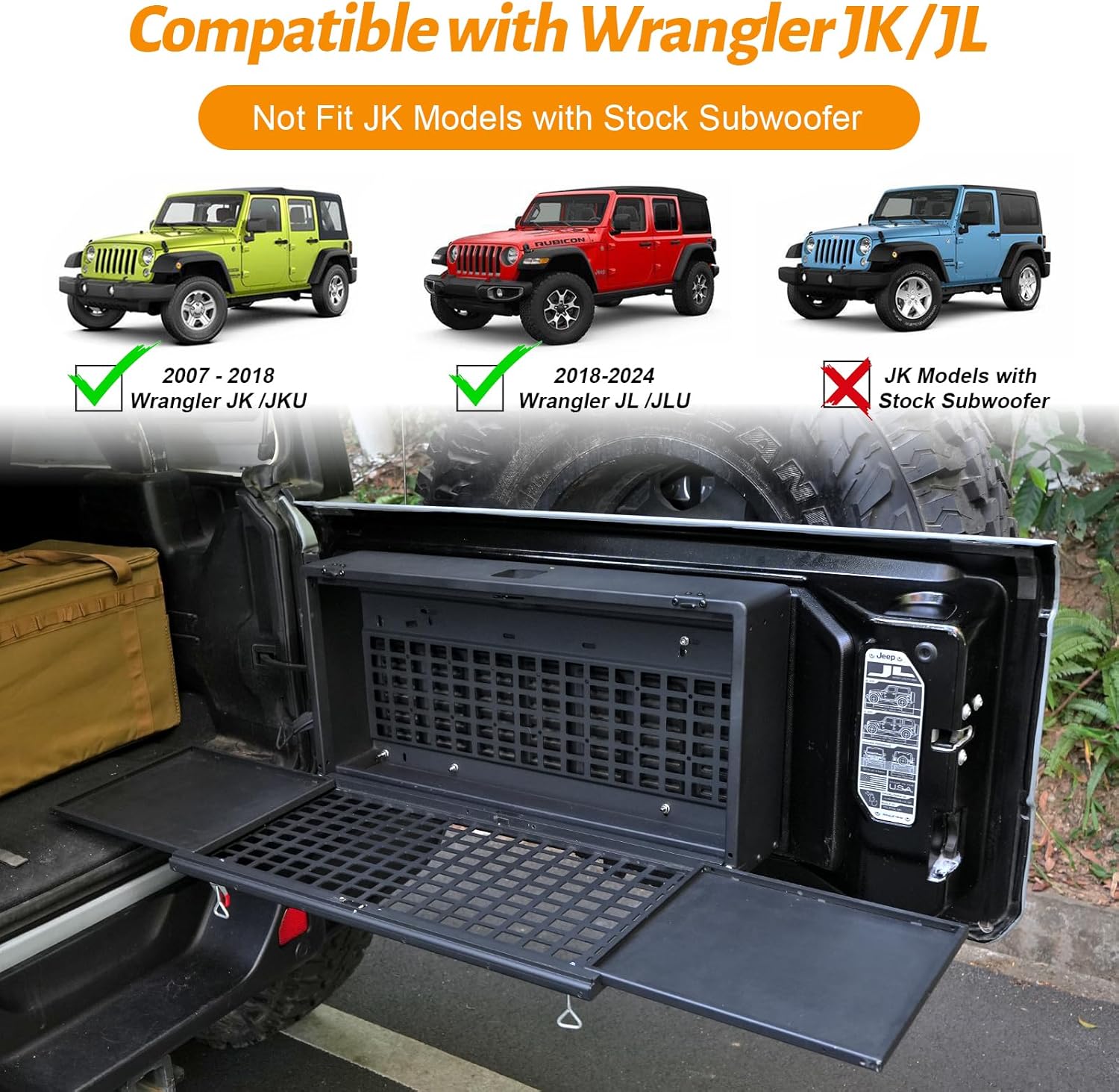MAIKER Tailgate Table Storage Lock Box Compatible with Jeep Wrangler JK JKU JL JLU 4 Door, Multi-Functional Rear Foldable Table Cargo Shelf Storage Molle Panel Camping Desk