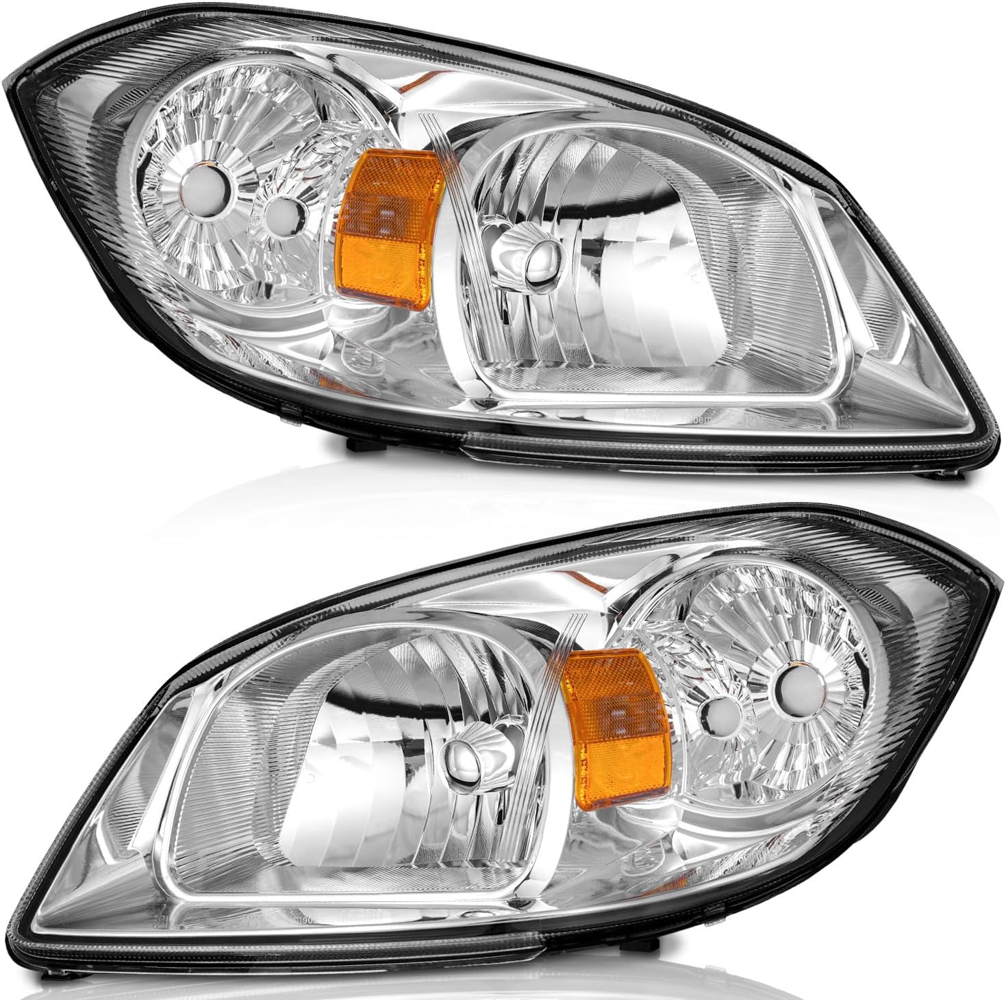 Halogen Headlights for 2005-2010 Chevy Cobalt - Chrome Housing, Amber Reflector, Headlight Replacement Set