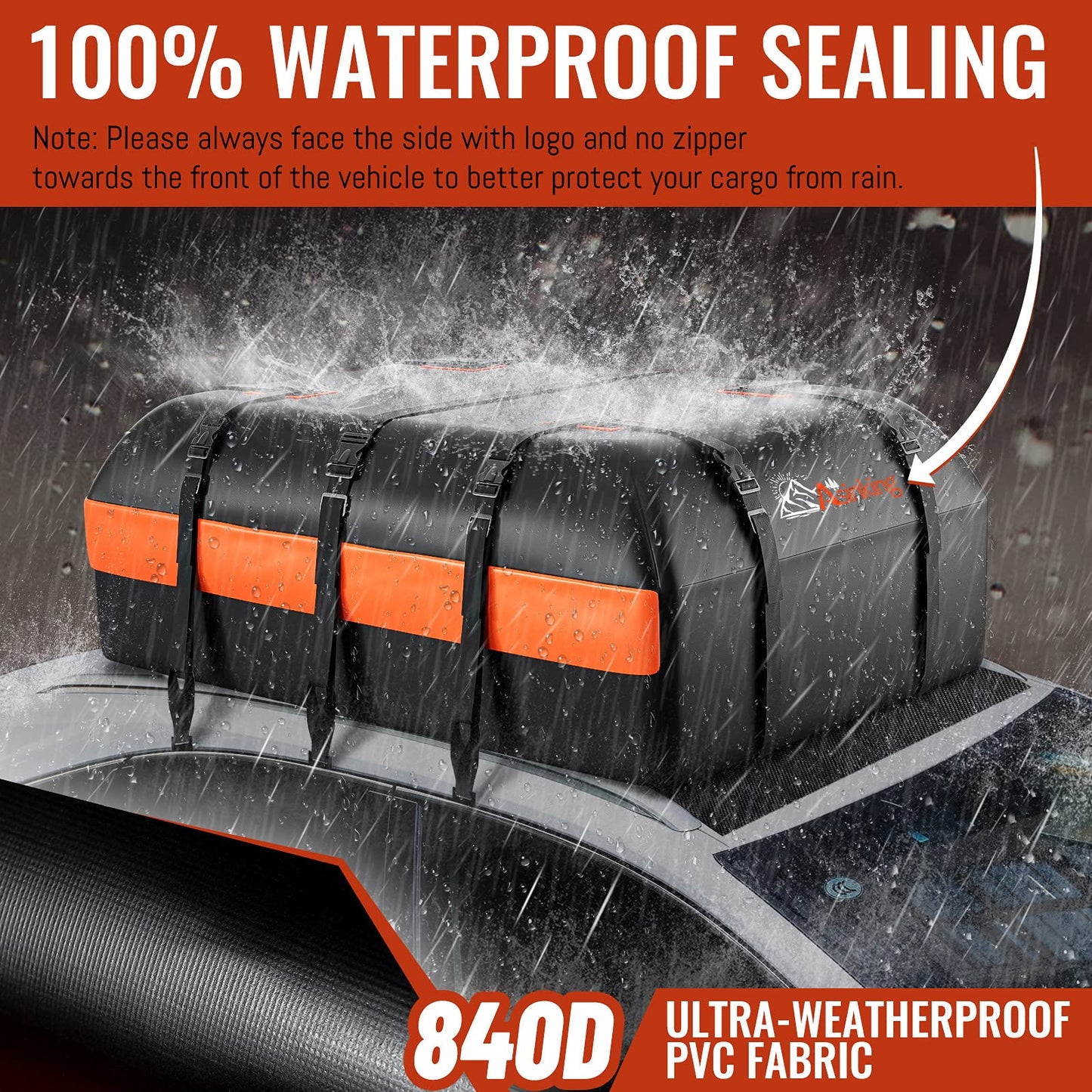 Car Rooftop Cargo Carrier Bag, 15 Cubic Feet Waterproof Heavy Duty 840D Car Roof Bag for All Vehicle with/Without Racks - Anti-Slip Mat